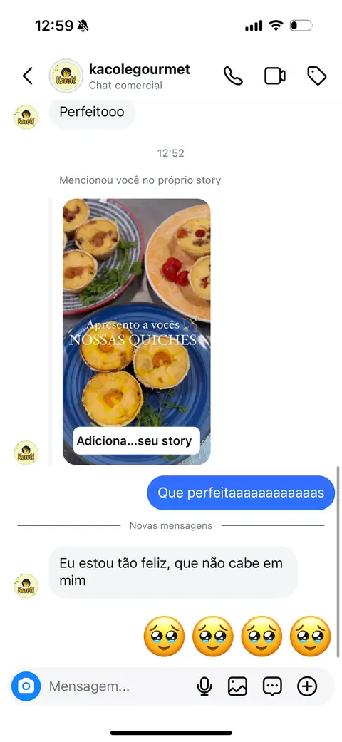 Aluna mostrando story com as quiches dela