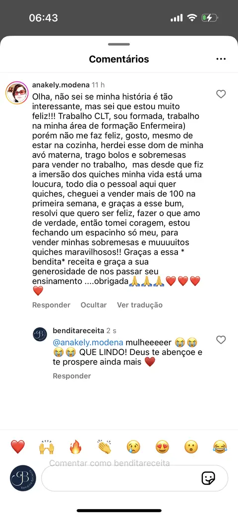 Comentário da aluna Anakely contando que vendeu mais de 100 quiches